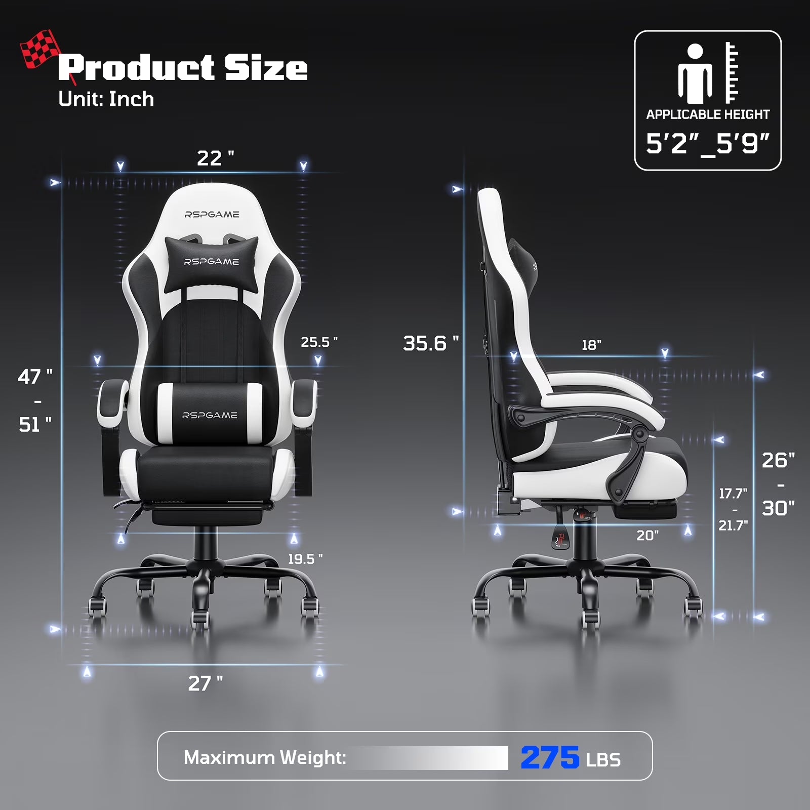 RSPGAME gaming chair dimensions, 275 lbs weight capacity, 5'2"-5'9" height fit, black and white ergonomic design