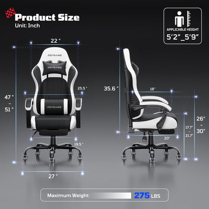 RSPGAME gaming chair dimensions, 275 lbs weight capacity, 5'2"-5'9" height fit, black and white ergonomic design