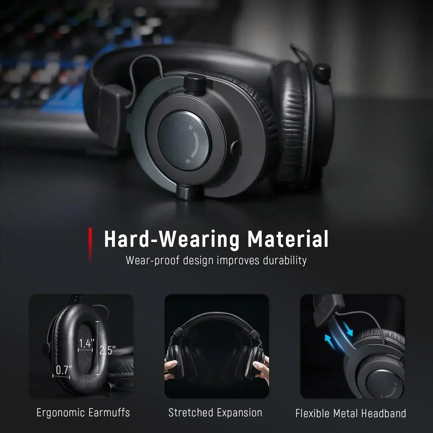 Durable gaming headset with ergonomic earmuffs, flexible metal headband, and stretchable design.