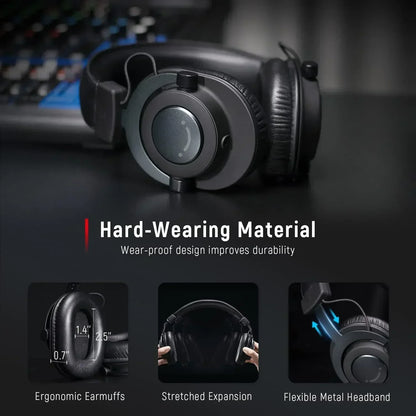Durable gaming headset with ergonomic earmuffs, flexible metal headband, and stretchable design.