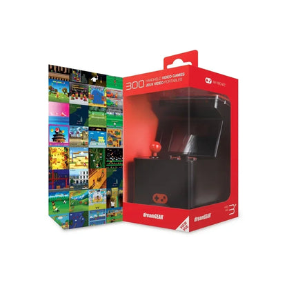 Retro mini arcade console packaged, showing 8-bit game screenshots and joystick. Byte Style gaming gear.