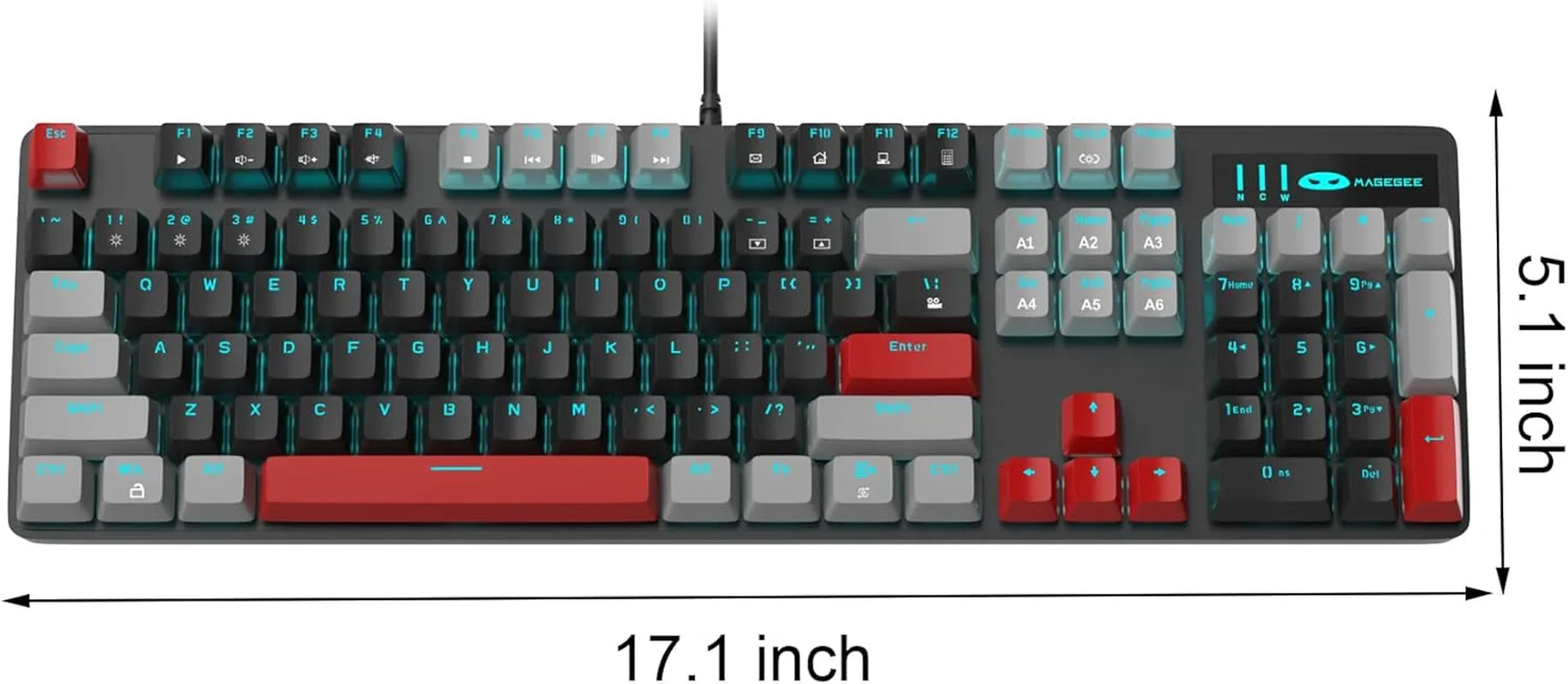 Magegee wired gaming keyboard with red and gray keys, RGB backlight, and custom macro buttons