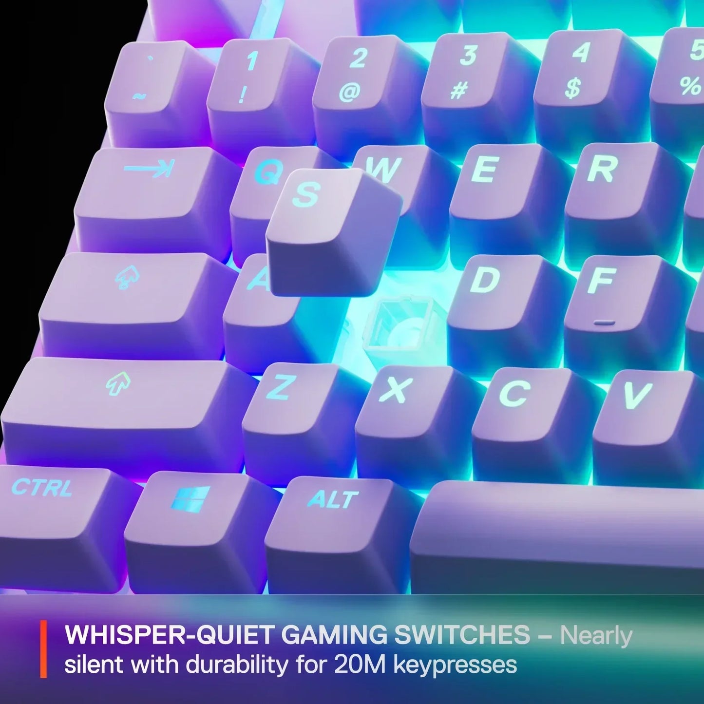 RGB gaming keyboard with purple keycaps and whisper-quiet switches, retro 8-bit style