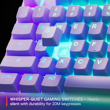 RGB gaming keyboard with purple keycaps and whisper-quiet switches, retro 8-bit style