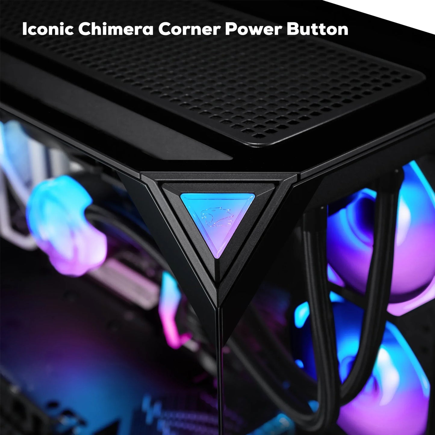 Close-up of a PC case corner with an illuminated triangular Chimera power button and RGB cooling fans inside