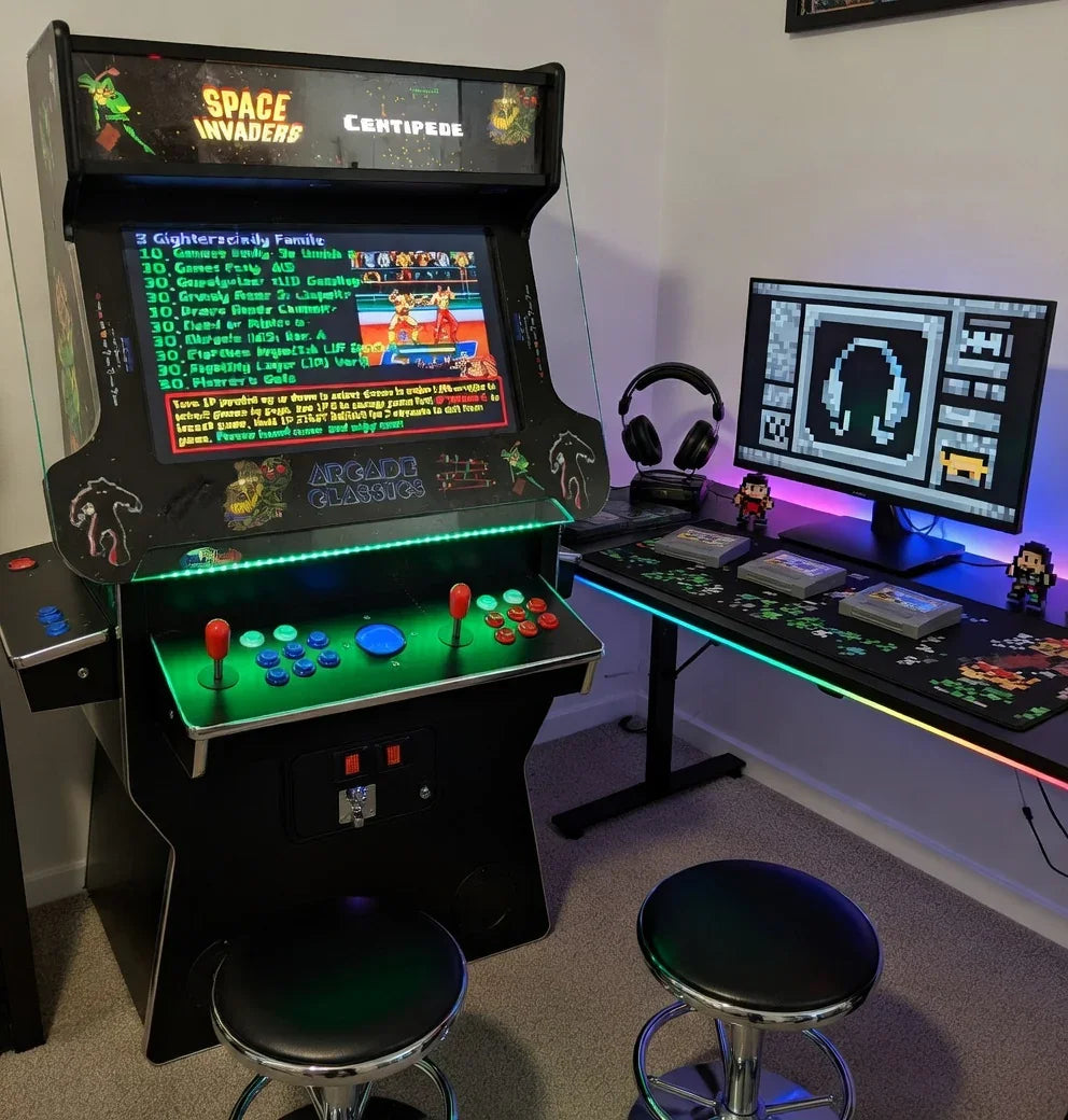 Retro gaming setup with arcade machine, pixel art, gaming PC, and RGB lighting.