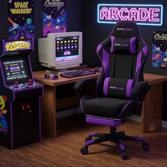 Purple and black gaming chair with GTRACING branding in retro arcade setup featuring Pac-Man machine and Space Invaders posters