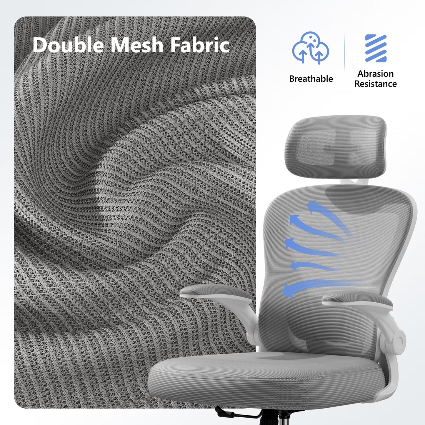 Gray ergonomic gaming chair with double mesh fabric, breathable and abrasion-resistant design for comfort.