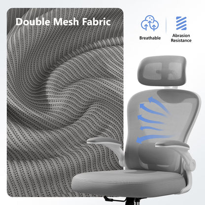Gray ergonomic gaming chair with double mesh fabric, breathable and abrasion-resistant design for comfort.