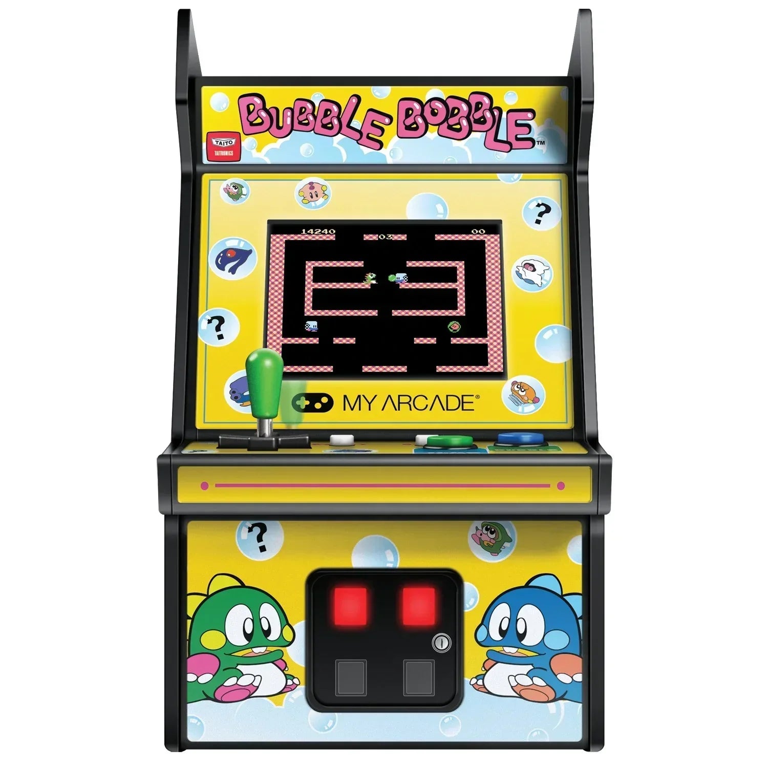 Bubble Bobble retro arcade machine with yellow pixel art and joystick, Byte Style gaming gear