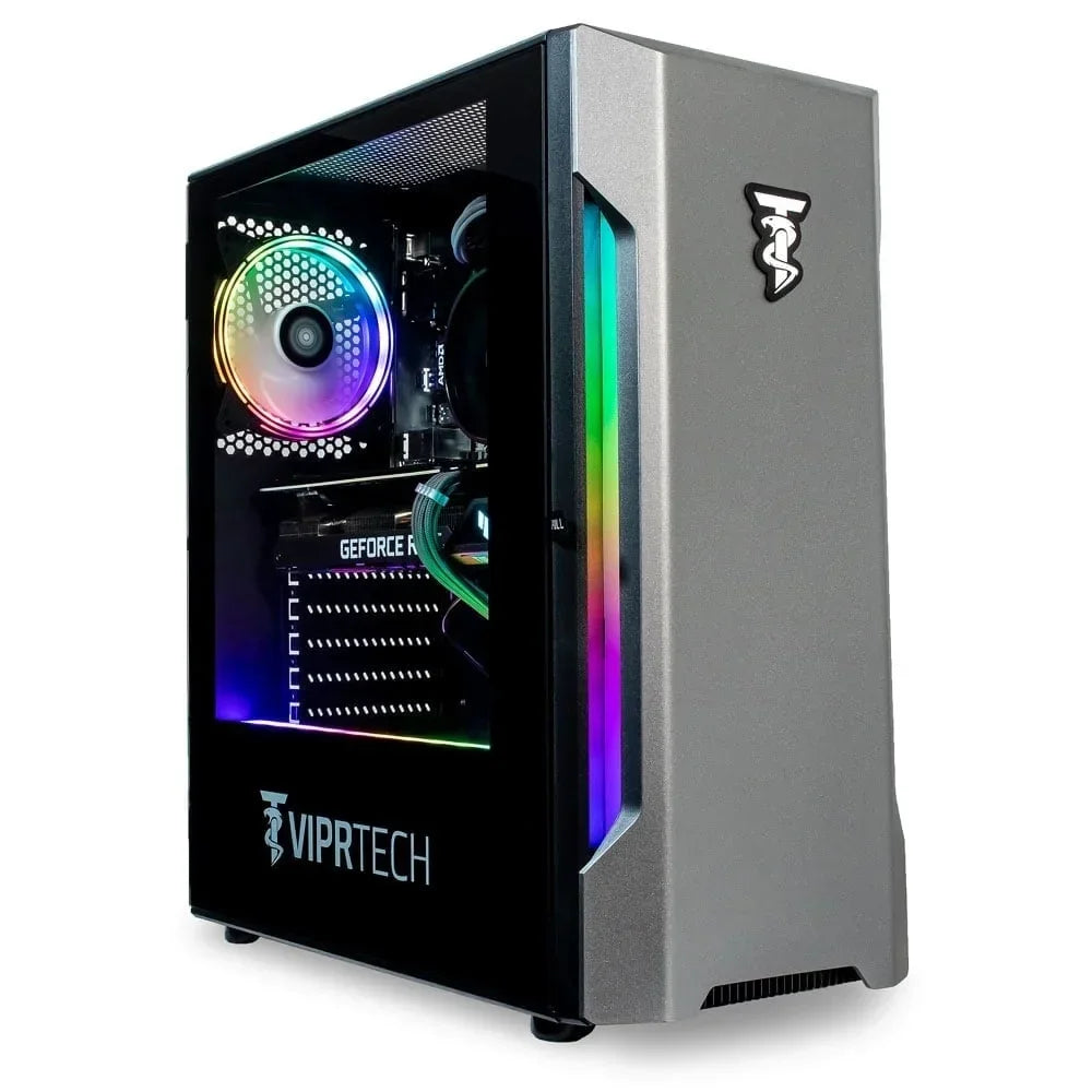 VIPRTech gaming PC with transparent side panel, RGB cooling fan, and GeForce RTX graphics card