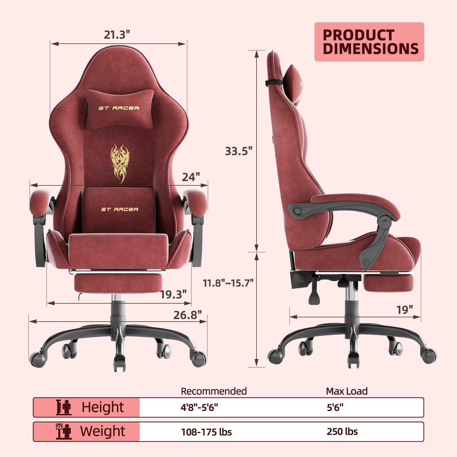 Red gaming chair with ST RACER logo, dimensions, and weight specs for ergonomic setup
