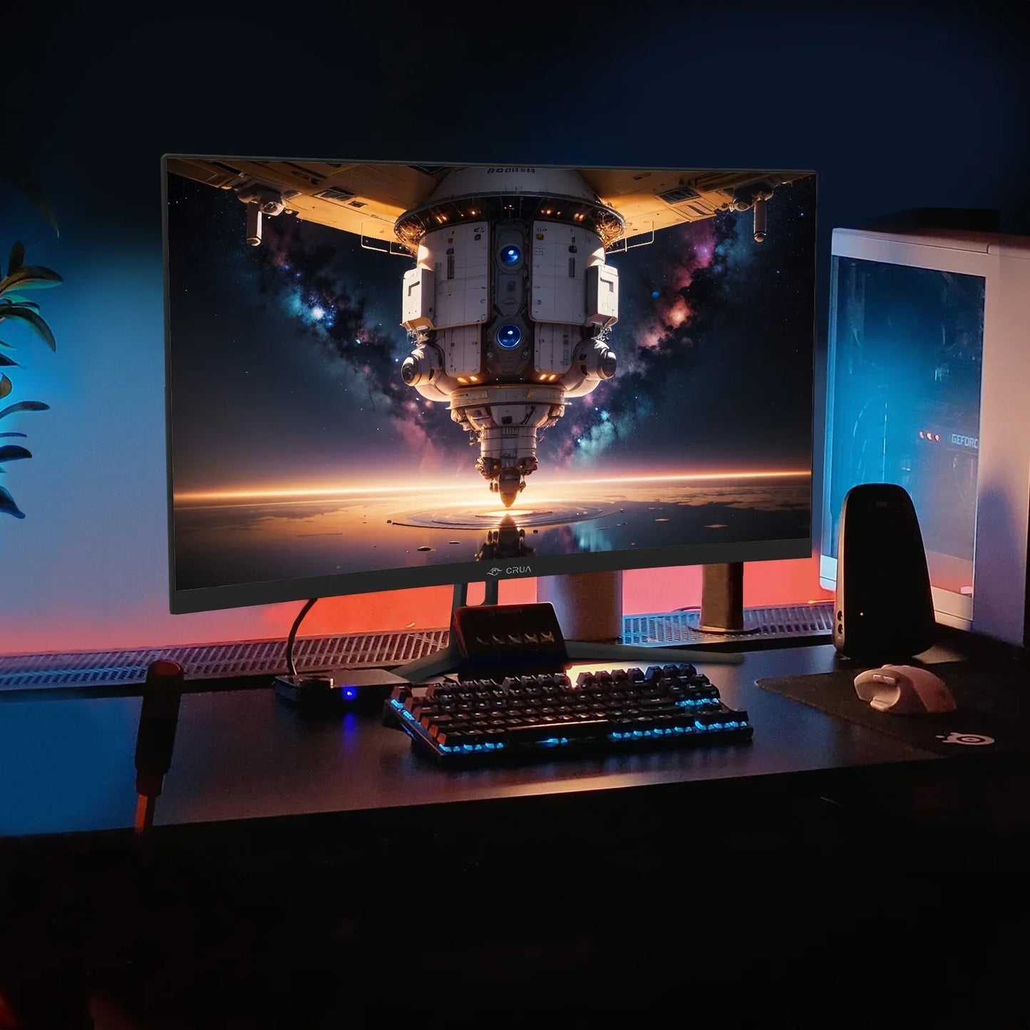 Curved gaming monitor displaying space station with galaxy background on a desk setup with mechanical keyboard and white mouse