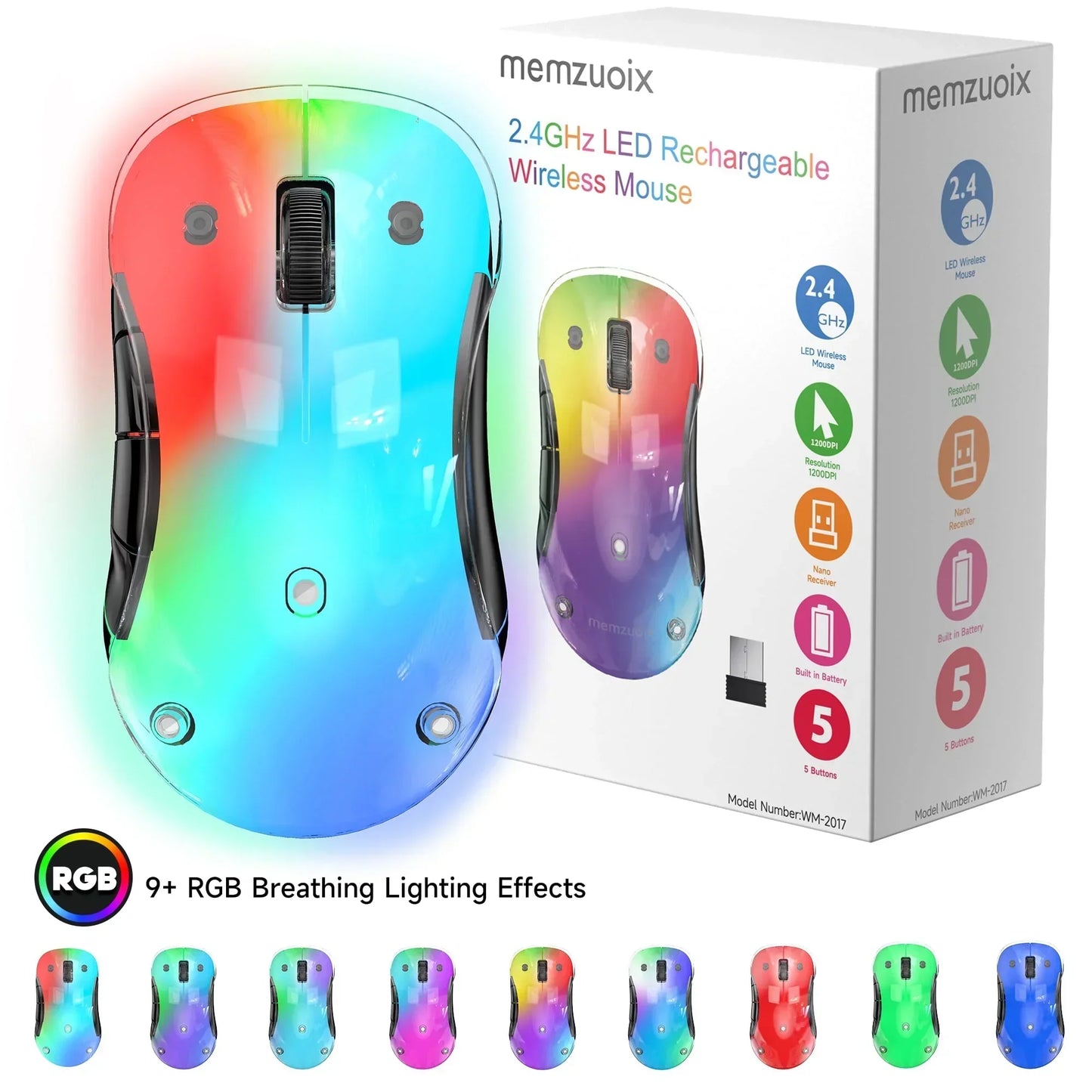 RGB wireless gaming mouse with multi-color LED lighting, packaging, and lighting modes shown