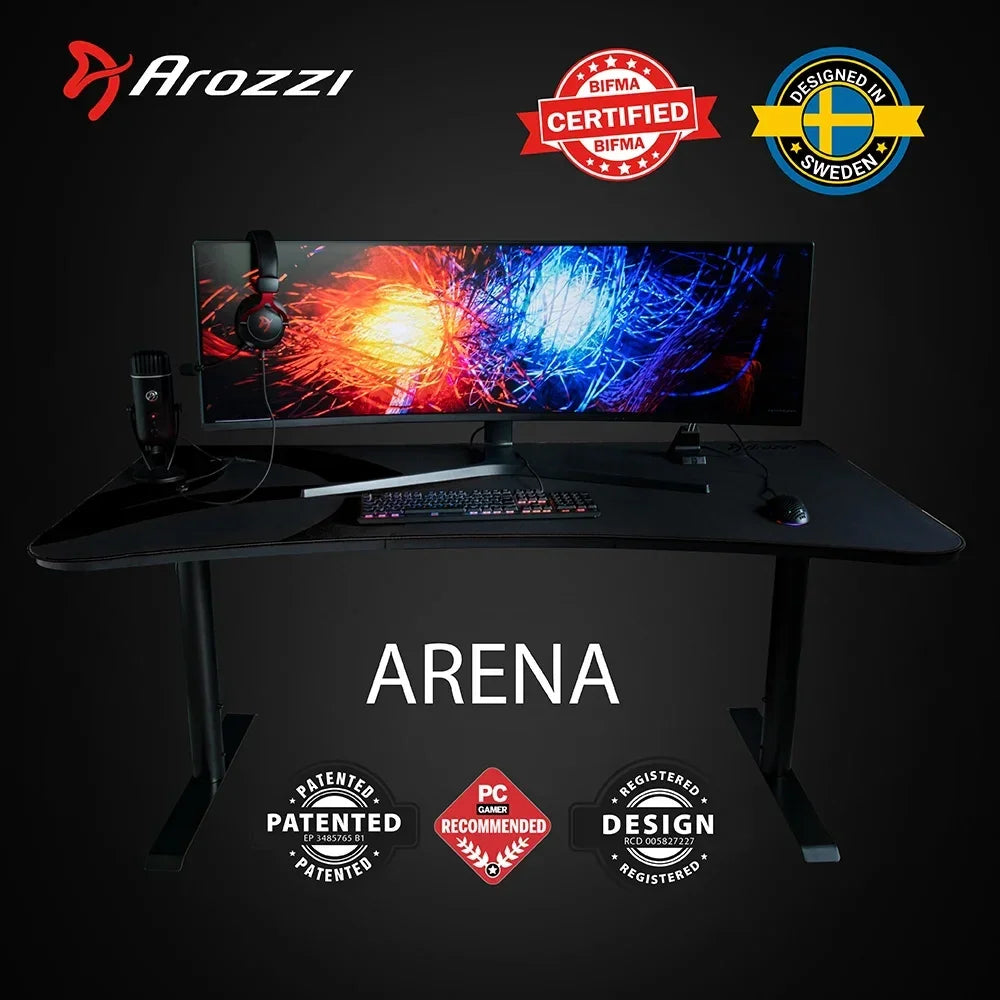 Arozzi Arena ergonomic gaming desk with ultra-wide monitor, RGB keyboard, gaming mouse, microphone, and headphones on dark background