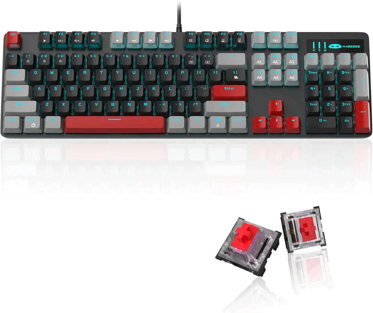 Magegee mechanical gaming keyboard with gray and red keycaps and red mechanical switches displayed