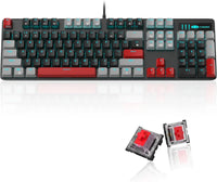 Magegee mechanical gaming keyboard with gray and red keycaps and red mechanical switches displayed