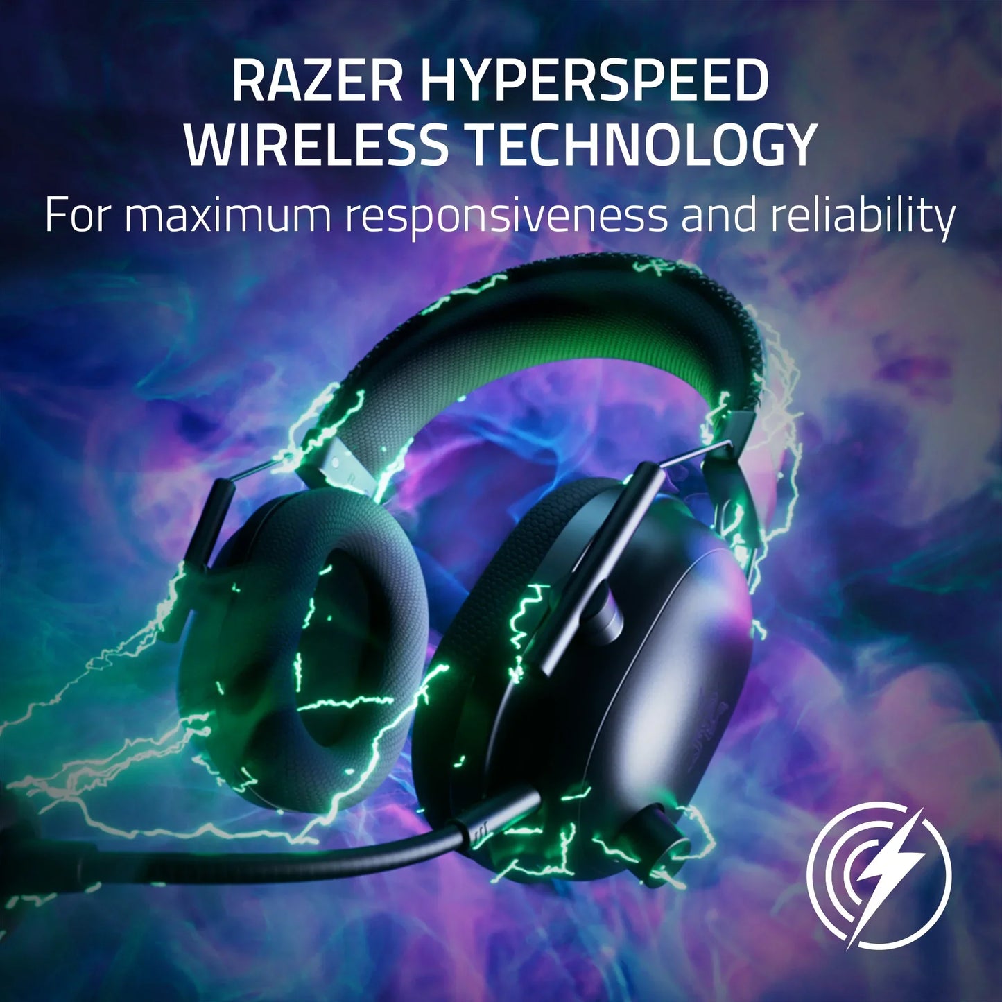 Black Razer gaming headset with microphone and green lightning effects on purple-blue background