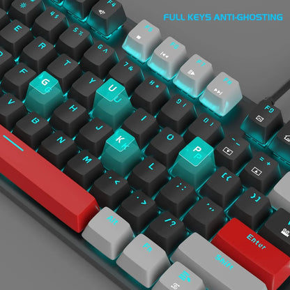 Close-up of a mechanical gaming keyboard with RGB backlight, red Enter and spacebar keys, and anti-ghosting feature
