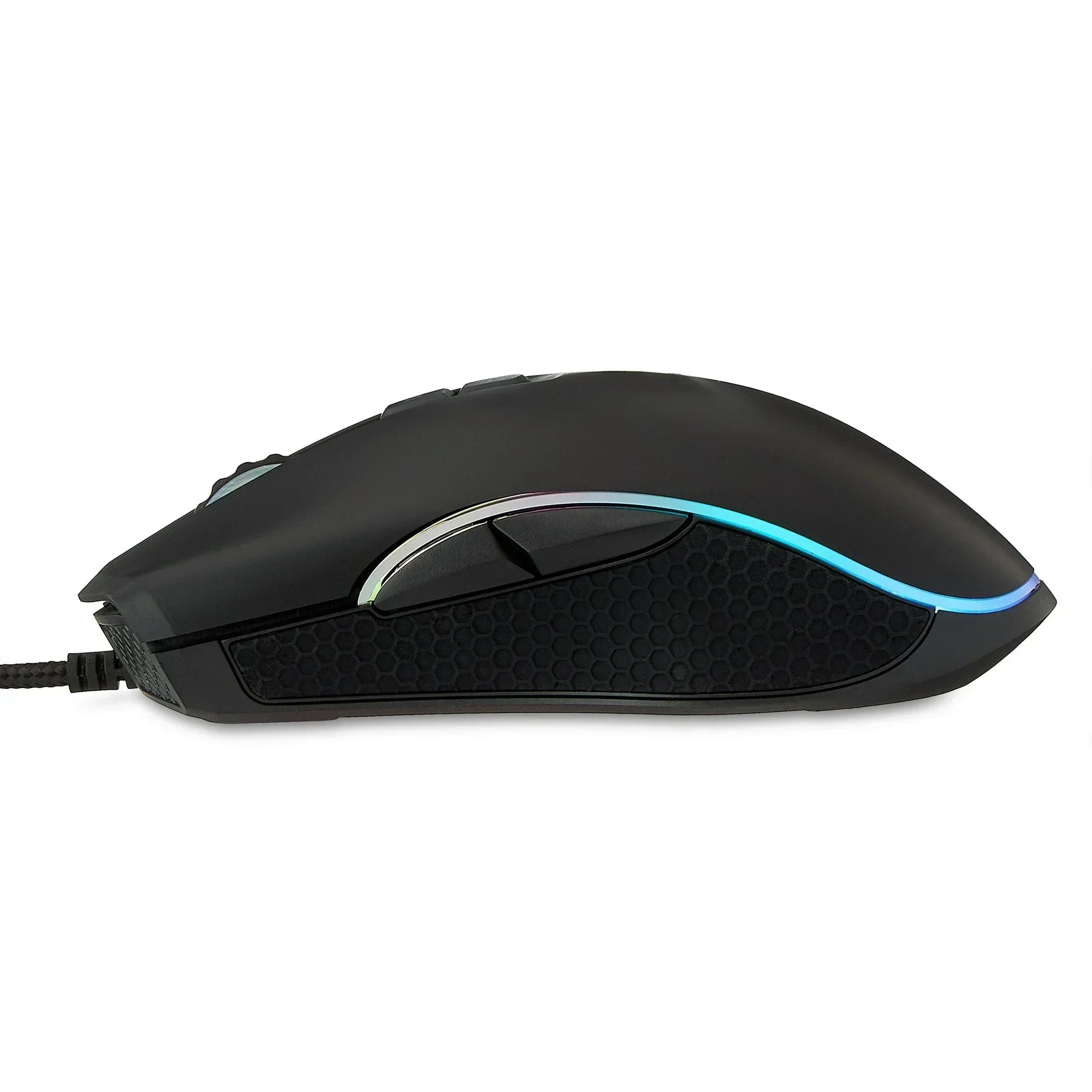 Black RGB gaming mouse with honeycomb grip and side buttons, wired, side view