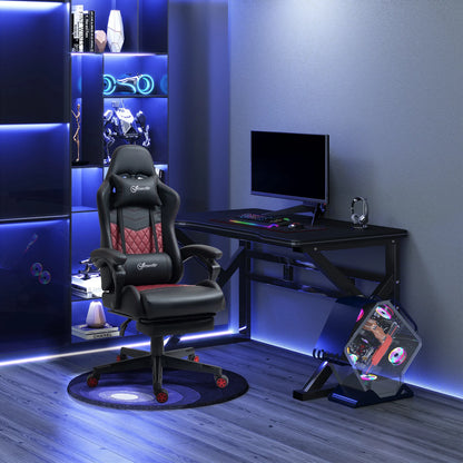 Modern gaming setup with black and red ergonomic gaming chair, RGB keyboard, mouse, and illuminated PC in stylish desk corner