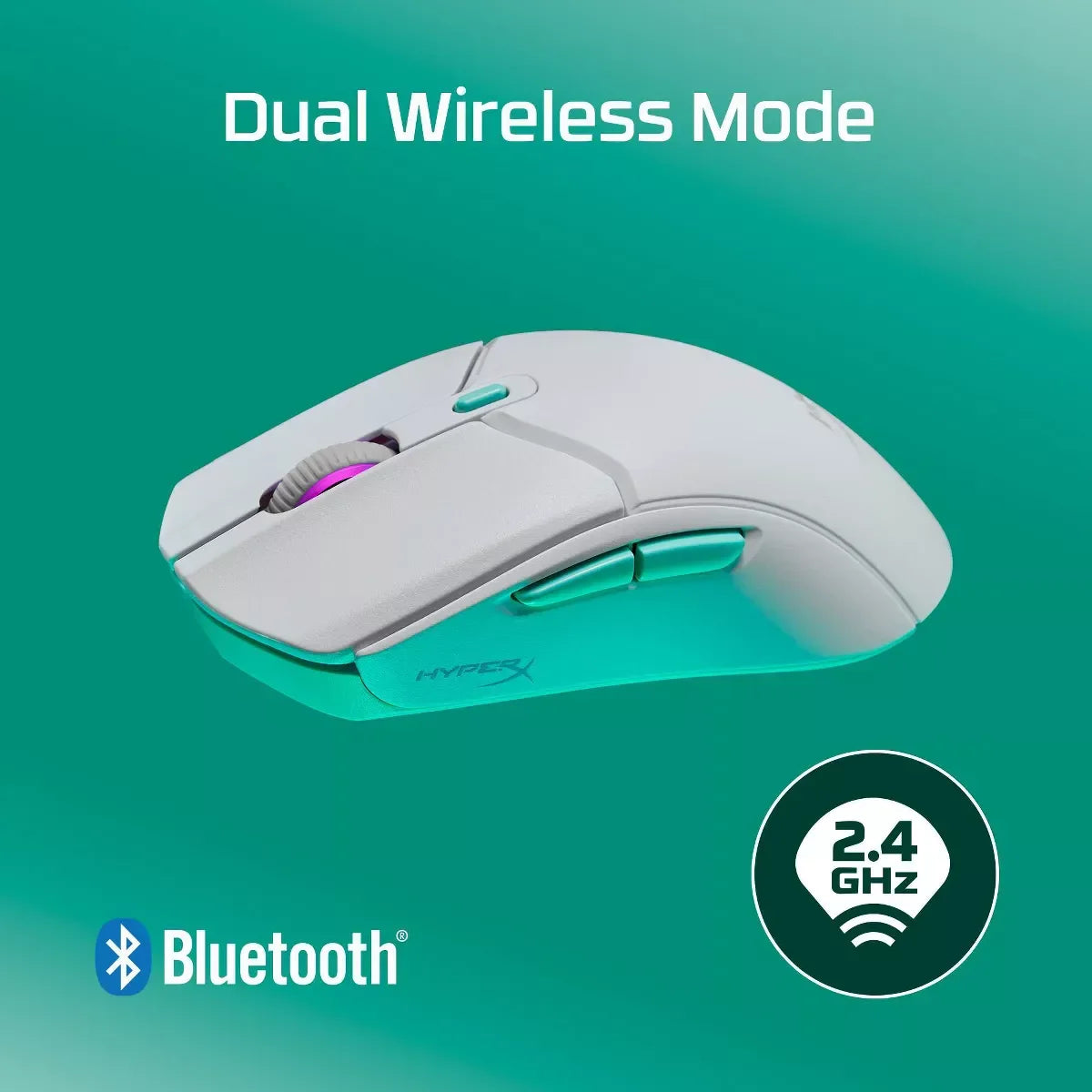 White HyperX wireless gaming mouse showcasing dual wireless mode with Bluetooth and 2.4GHz connection icons