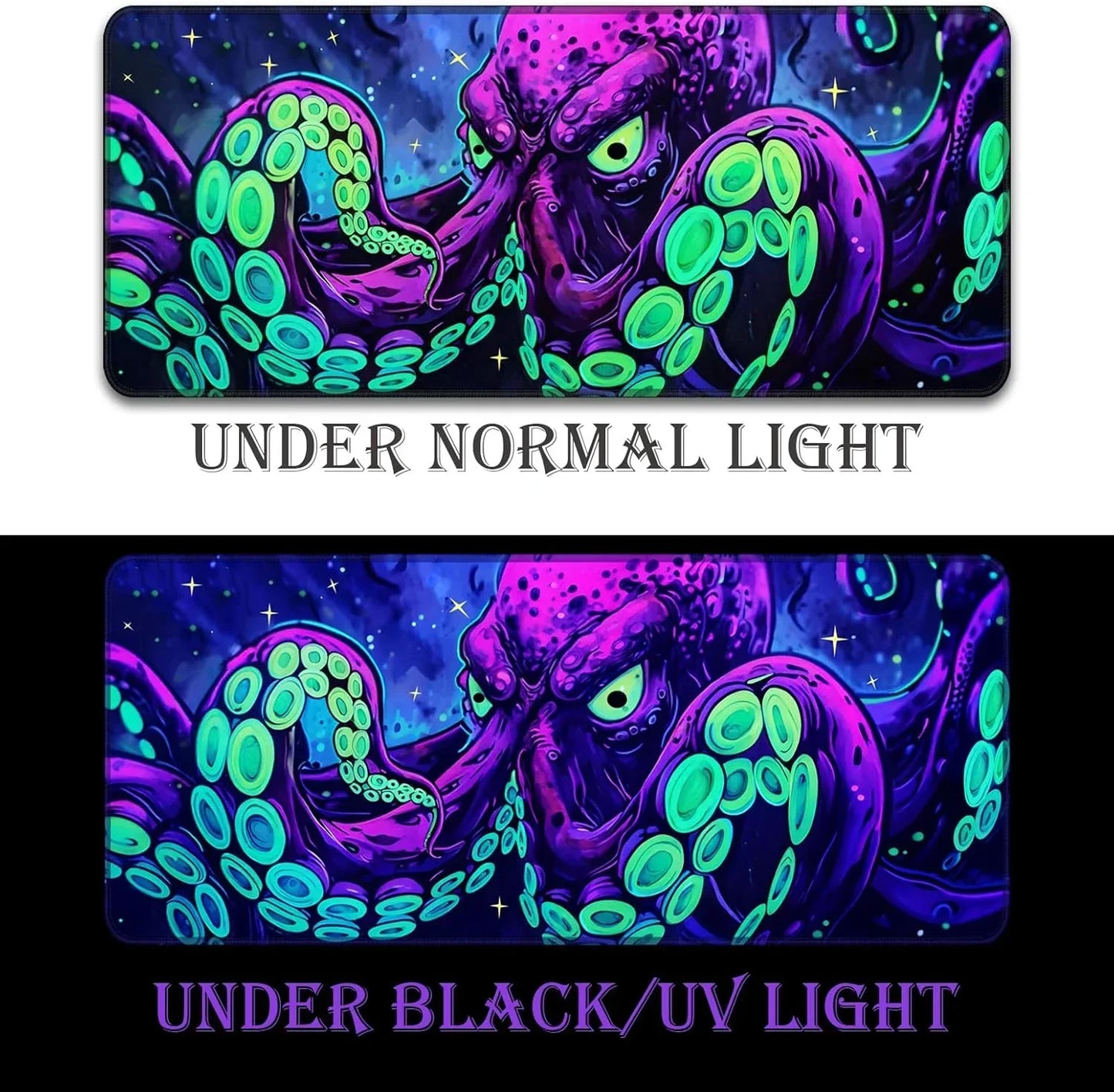 Gaming desk mat with glowing purple octopus design under normal and black UV light, vibrant retro style