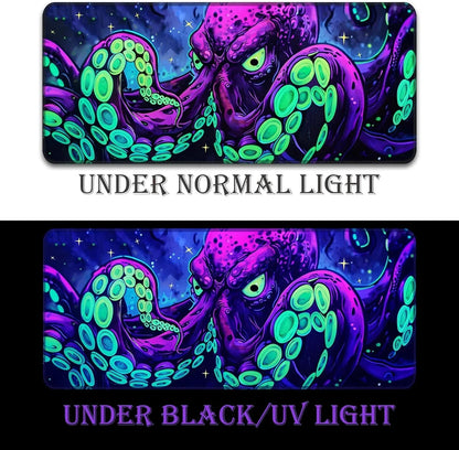 Gaming desk mat with glowing purple octopus design under normal and black UV light, vibrant retro style