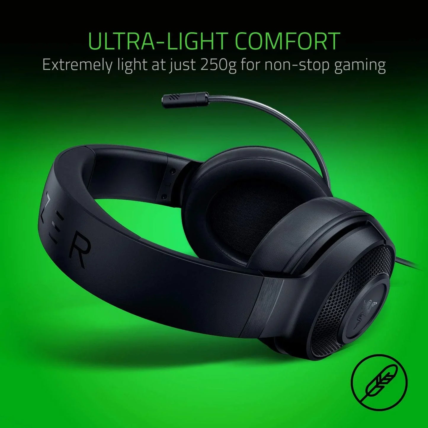 Black Razer gaming headset with microphone on green background, highlighting ultra-light 250g comfort