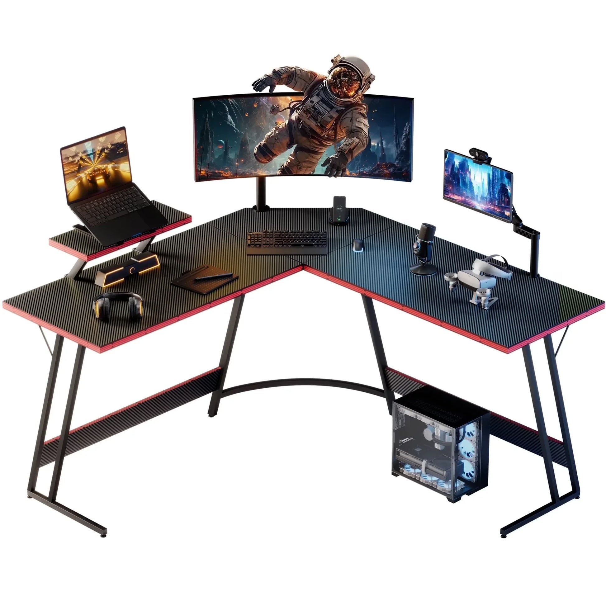 L-Shaped Gaming Desk 51.2 Inches Corner Office Gaming Desk with Removable Monitor Riser, Pink