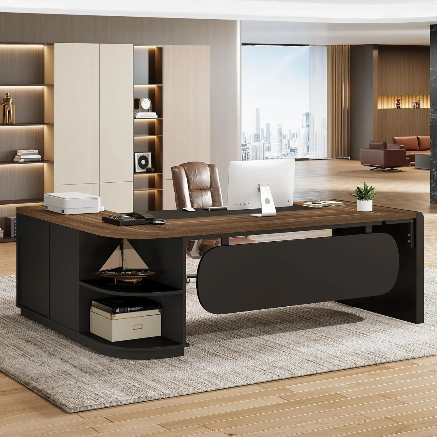 80 Inches Executive Desk, L-Shaped Office Desk with 55 Inches Cabine