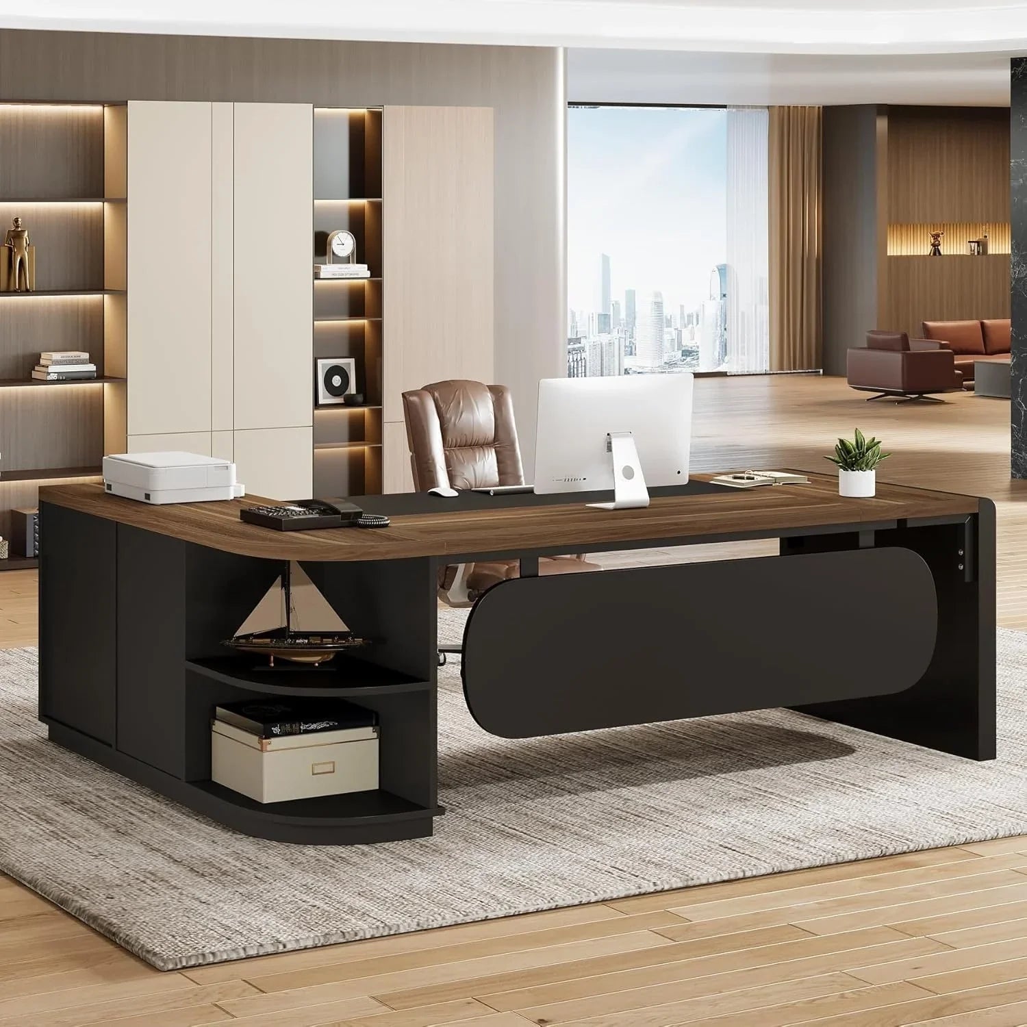 80 Inches Executive Desk, L-Shaped Office Desk with 55 Inches Cabine