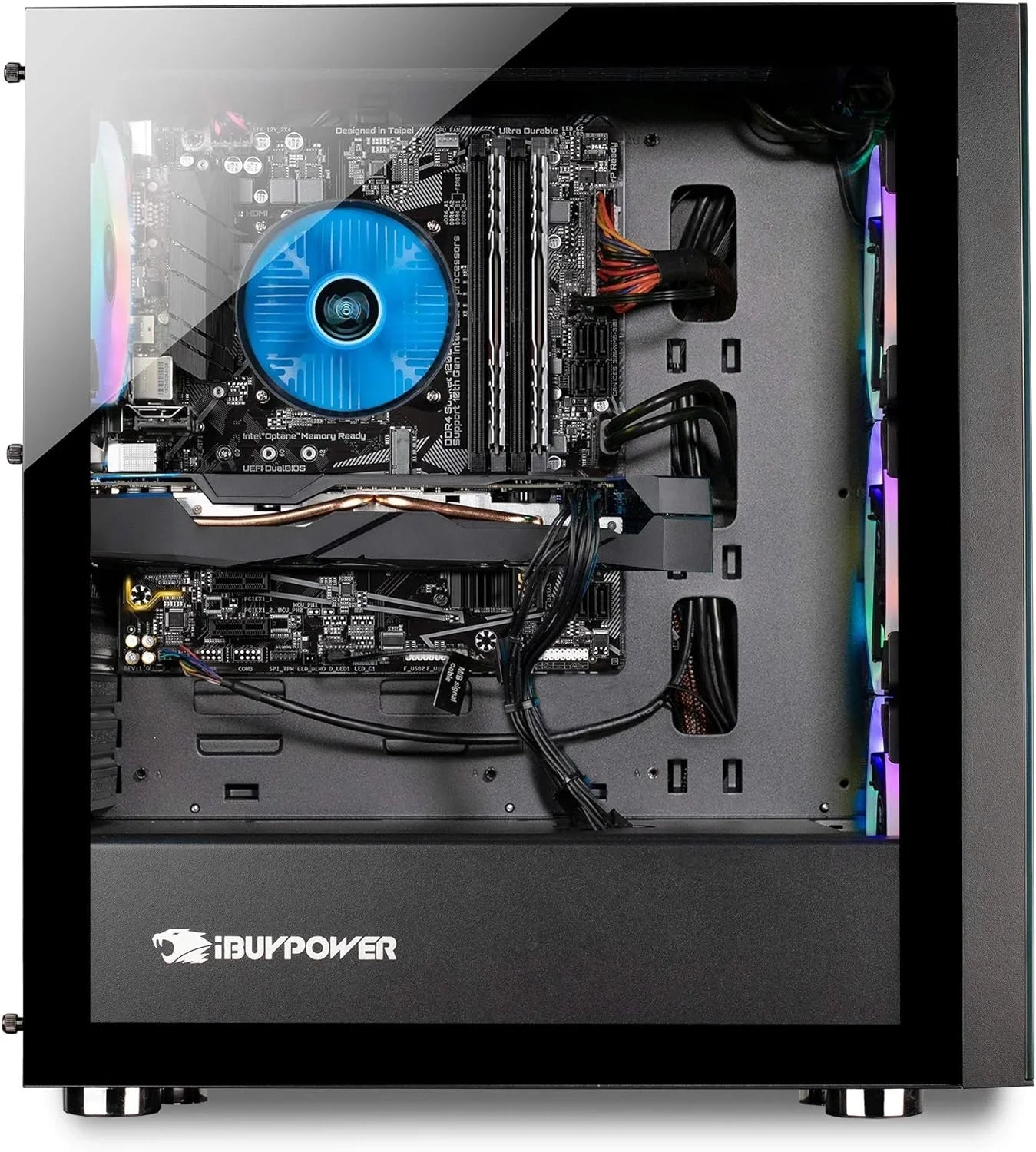 iBUYPOWER gaming PC with transparent side panel, RGB cooling fans, and blue CPU cooler inside black case