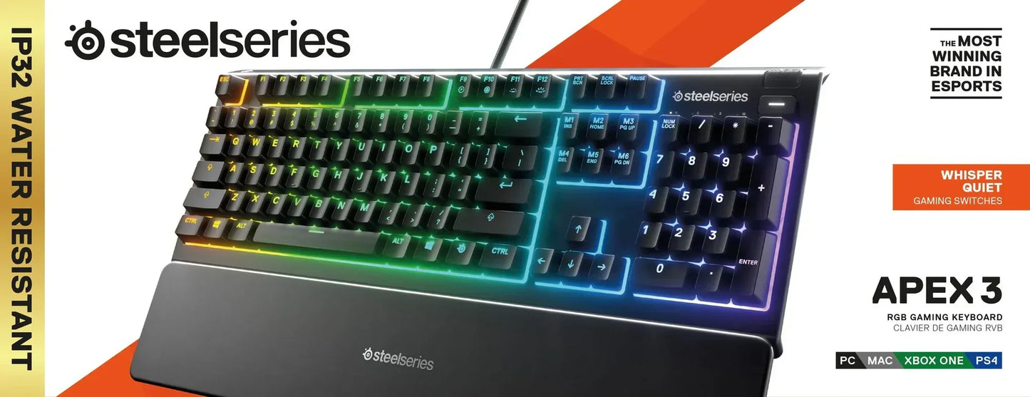 SteelSeries Apex 3 RGB gaming keyboard with wrist rest, water resistance, and rainbow lighting.