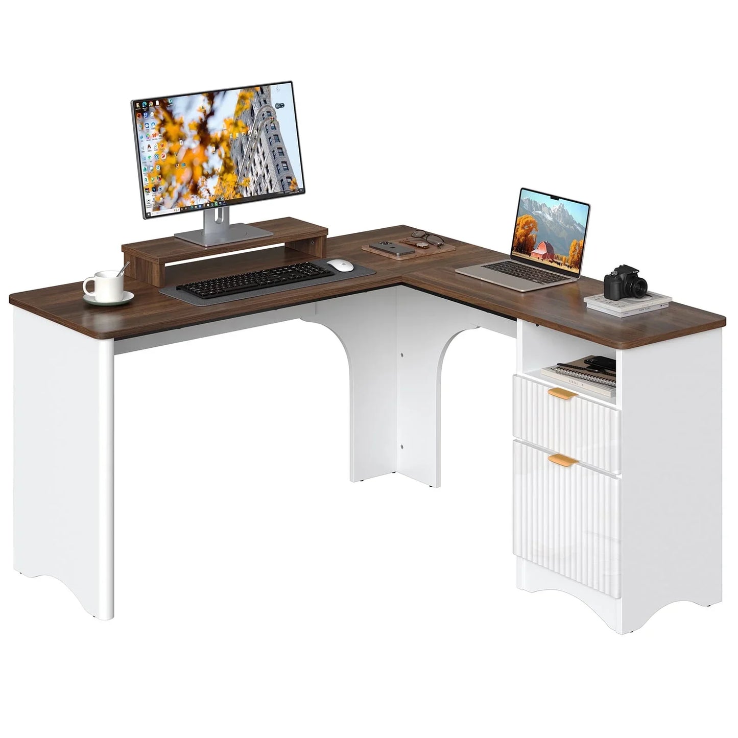 L Shaped Desk with Drawers, 55.7" X 55" Office Computer Desk with round Corners, Monitor Stand & Fluted Panels, White & Walnut