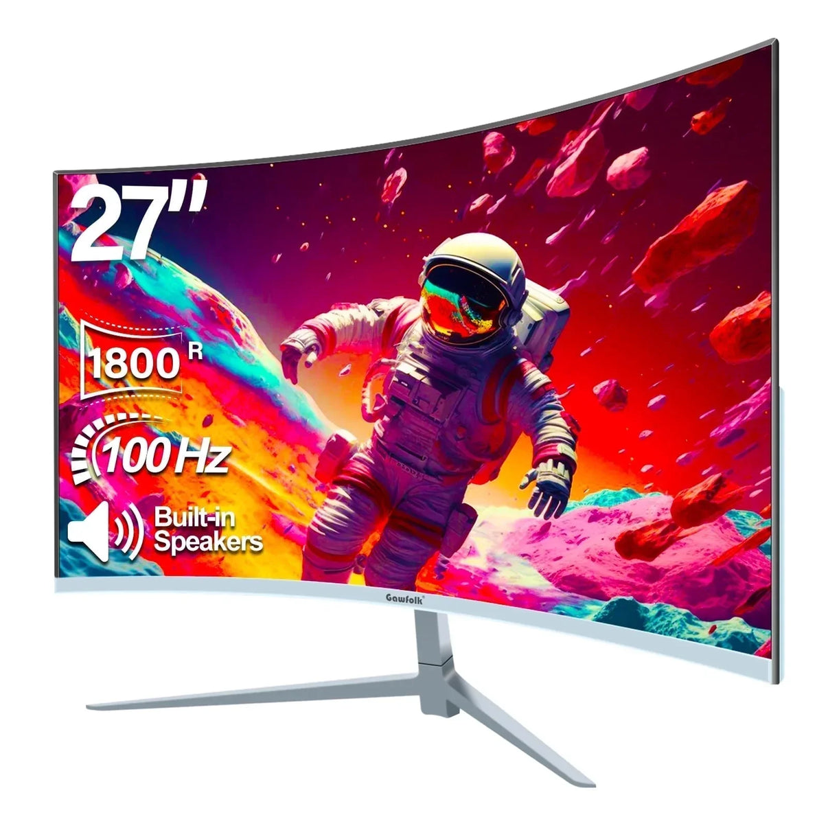 27-inch curved gaming monitor with 1800R curvature, 100Hz refresh rate, built-in speakers, displaying astronaut in colorful space scene