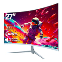 27-inch curved gaming monitor with 1800R curvature, 100Hz refresh rate, built-in speakers, displaying astronaut in colorful space scene