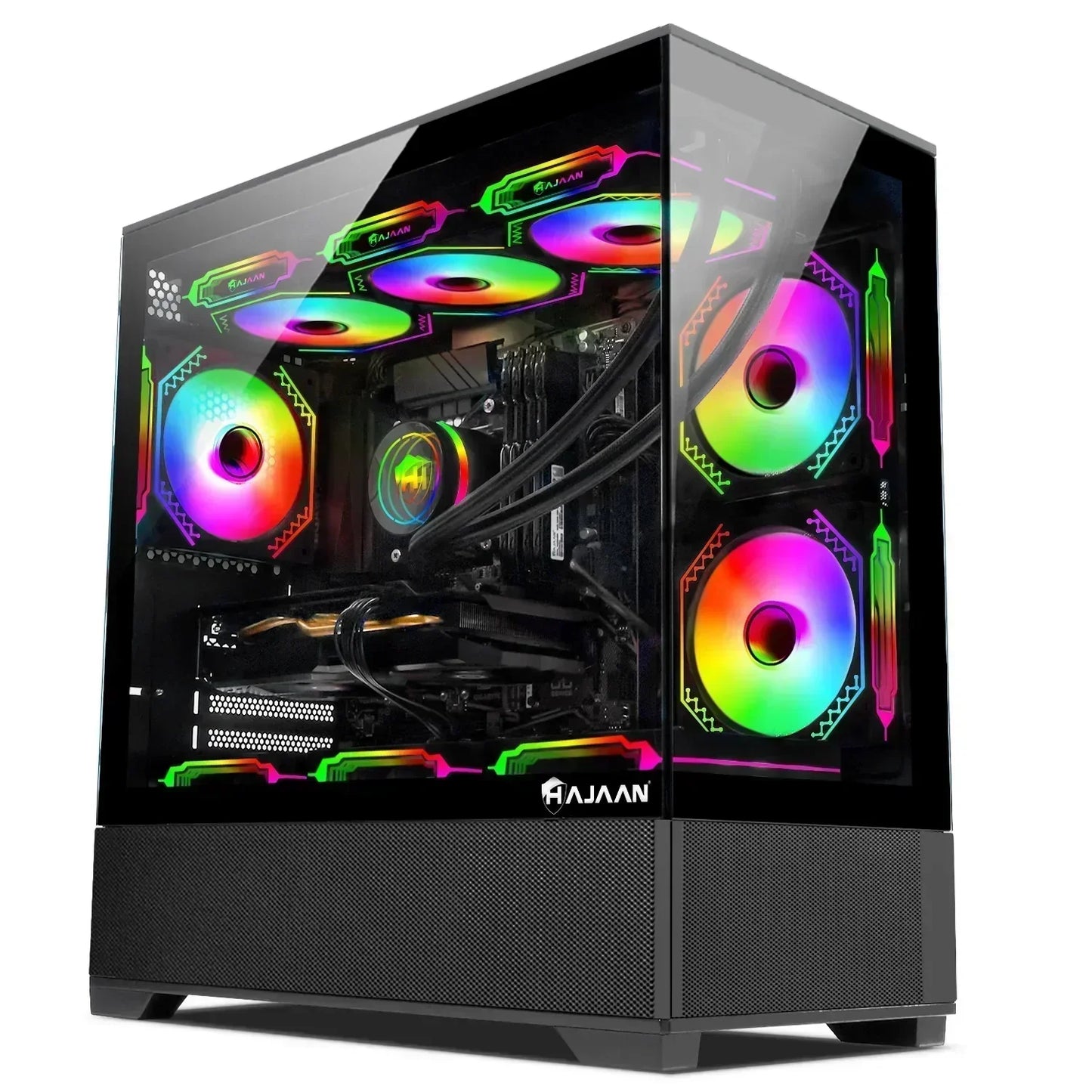 Gaming PC with RGB lighting, transparent side panel, and multiple LED cooling fans