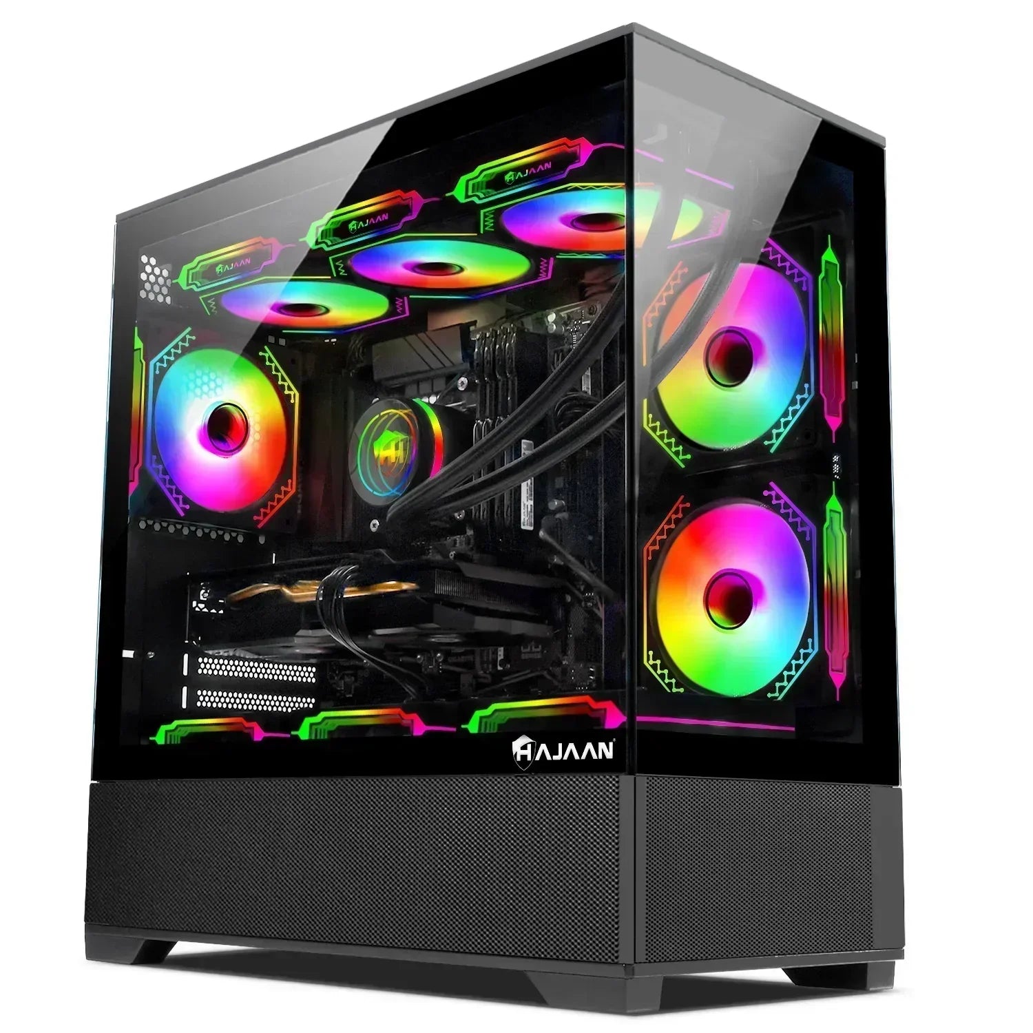 Gaming PC with RGB lighting, transparent side panel, and multiple LED cooling fans