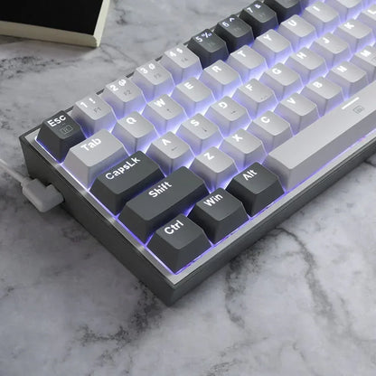 RGB backlit mechanical gaming keyboard with gray and white keycaps on a marble desk