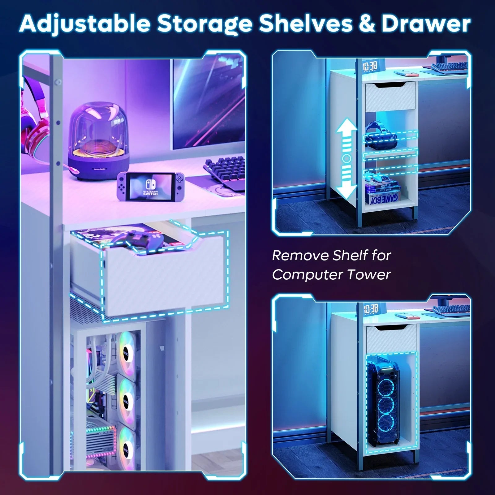 Adjustable desk storage with shelves and drawer, shown with game console, VR headset, and computer tower