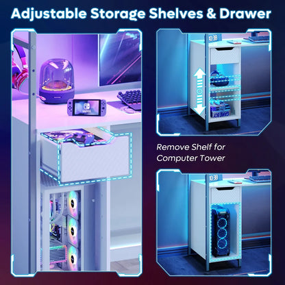 Adjustable desk storage with shelves and drawer, shown with game console, VR headset, and computer tower