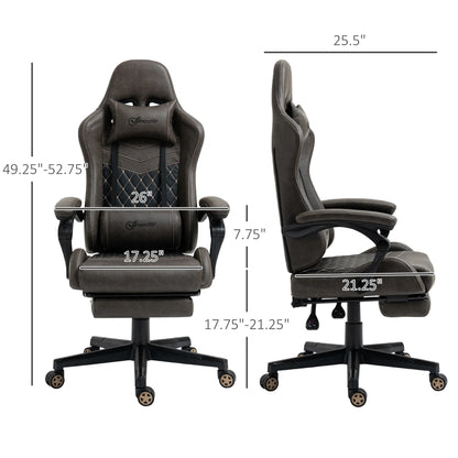 Vinsetto gaming chair in dark brown with ergonomic design, adjustable height, padded armrests, and detailed measurements