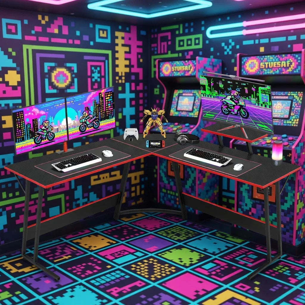 Retro gaming setup with dual desk, colorful 8-bit wall art, arcade machines, and RGB lighting.