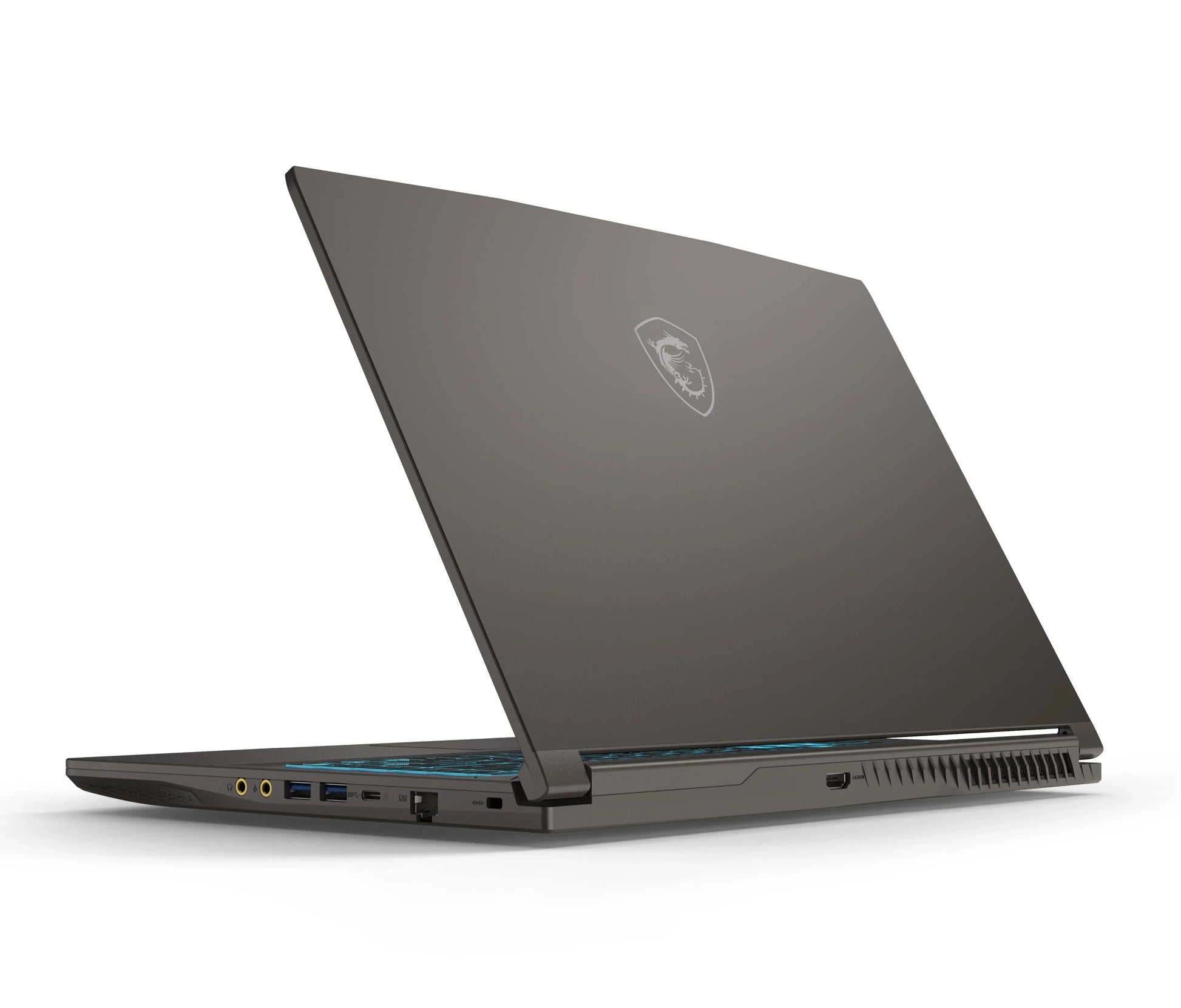 Gaming laptop with sleek dark design, blue keyboard lighting, and side ports visible