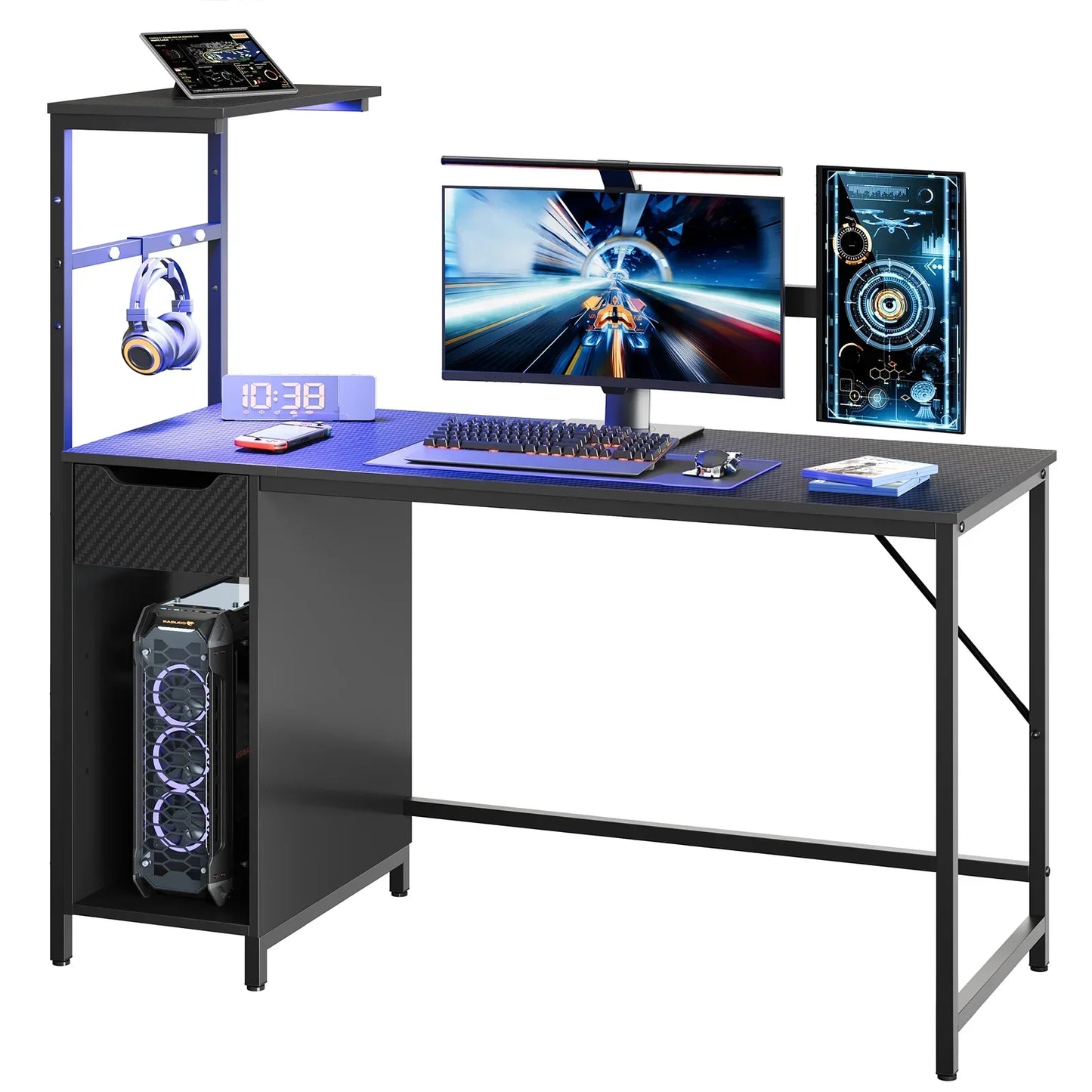 Modern black gaming desk with dual monitors, RGB PC tower, headphone hook, digital clock, and gaming accessories
