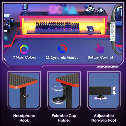 Gaming desk with RGB lighting, mechanical keyboard, mouse, headphone hook, foldable cup holder, adjustable non-slip foot
