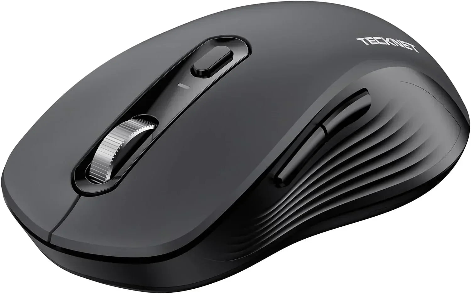 Ergonomic black wireless gaming mouse with side buttons and scroll wheel