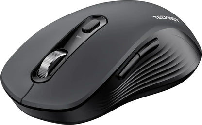 Ergonomic black wireless gaming mouse with side buttons and scroll wheel