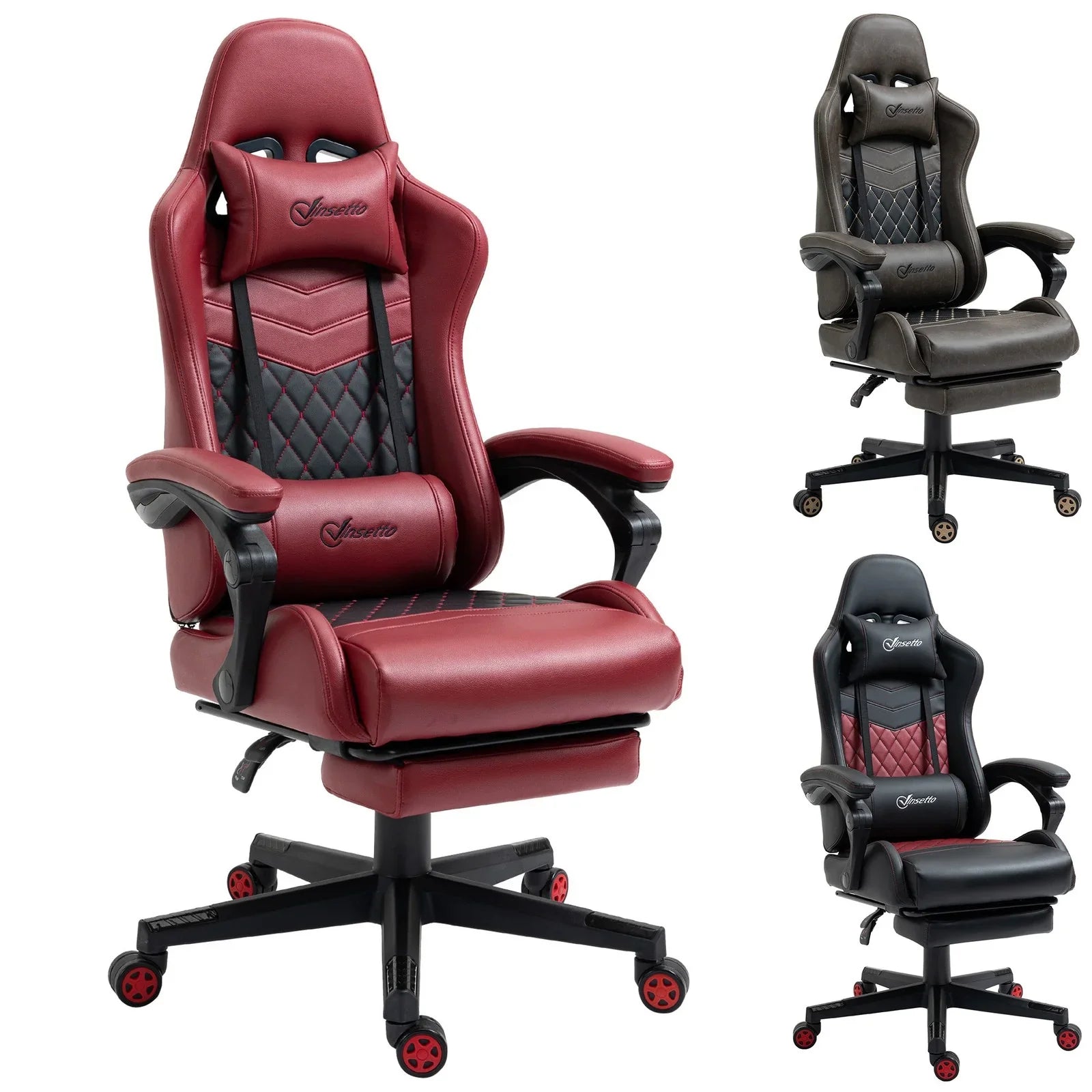 Three stylish gaming chairs in red-black, brown-black, and black-red with cushioned armrests and ergonomic design